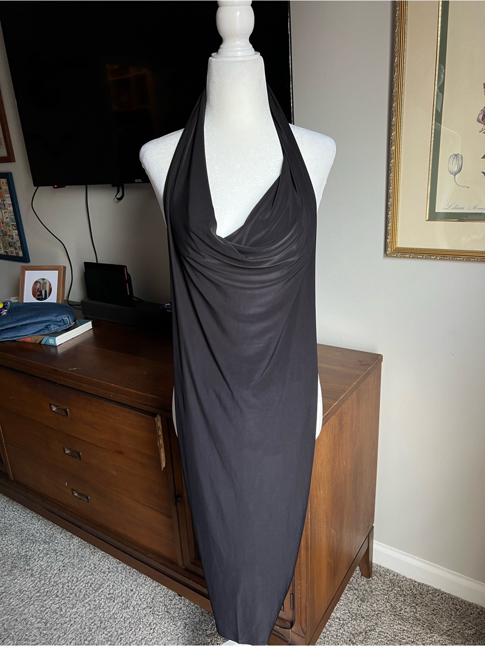 Backless Black Halter Cowl Neck Dress - Ruched in the back